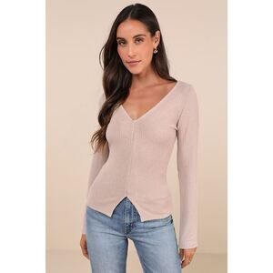Lulus Novel Poise Beige Textured V-neck Long Sleeve Top - Size M